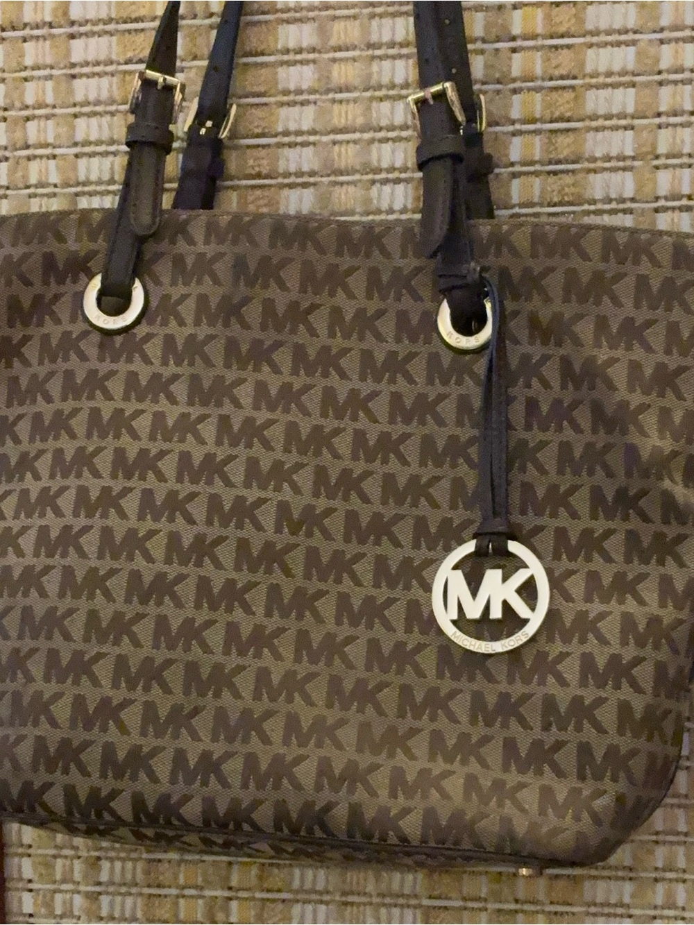Michael Kors Brown MK Logo Tote with Gold Charm